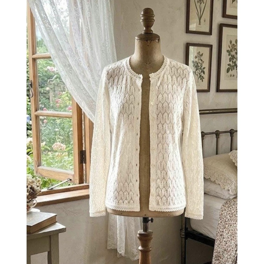 Vintage 1960s Cream Knit Cardigan | Leaf Lace Pattern Button Up Sweater